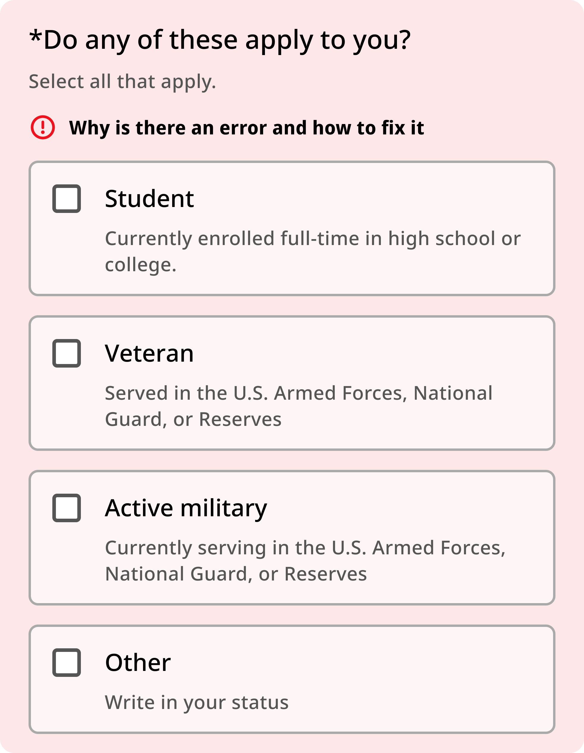 Example of correct usage of the error state for checkbox button group.